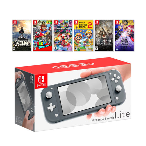 New Nintendo Switch Lite Gray Console Bundle with 6 Games: Zelda, Super Mario Odyssey, Mario Kart 8, Super Mario Maker 2, Octopath Traveler, and Fire Emblem: Three Houses!