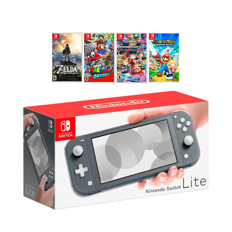 New Nintendo Switch Lite Gray Console Bundle with 4 Games: The Legend of Zelda: Breath of the Wild, Super Mario Odyssey, Super Mario Kart 8, and Mario + Rabbids Kingdom Battle!