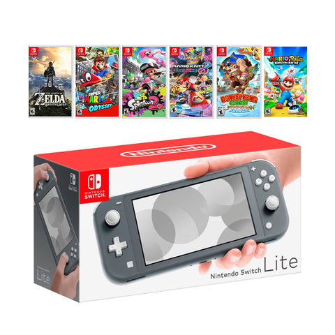 New Nintendo Switch Lite Gray Console Bundle with 6 Games: The Legend of Zelda: Breath of the Wild, Super Mario Odyssey, Splatoon 2, Super Mario Kart 8, Donkey Kong, and Rabbids Kingdom Battle!