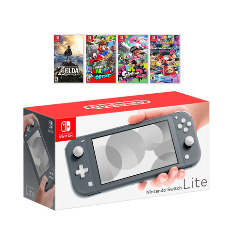 New Nintendo Switch Lite Gray Console Bundle with 4 Games: The Legend of Zelda: Breath of the Wild, Super Mario Odyssey, Splatoon 2, and Super Mario Kart 8!