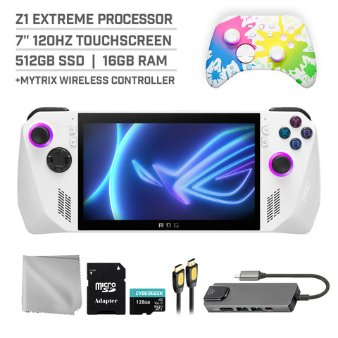 ASUS ROG Ally 512GB Gaming Handheld 7-inch Touchscreen 120Hz FHD 1080p AMD Ryzen Z1 Extreme Processor, Mytrix Inkjet Wireless Pro Controller, Hub, 128GB MicroSD Card, 5 Accessories: 6 in 1 Bundle