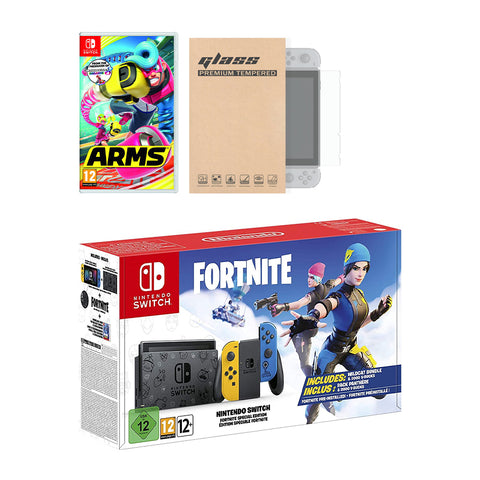 Nintendo Switch Fortnite Wildcat Edition and Game Bundle: Limited Console Set, Pre-Installed Fortnite, Epic Wildcat Outfits, 2000 V-Bucks, Arms, Mytrix Tempered Glass Screen Protector