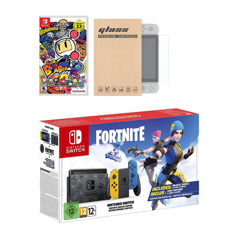 Nintendo Switch Fortnite Wildcat Edition and Game Bundle: Limited Console Set, Pre-Installed Fortnite, Epic Wildcat Outfits, 2000 V-Bucks, Super Bomberman R, Mytrix Tempered Glass Screen Protector