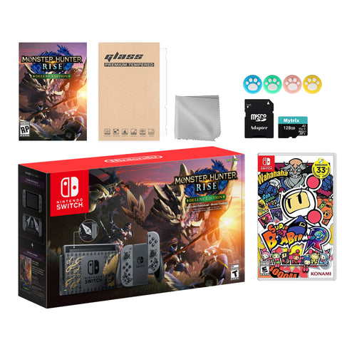 Nintendo Switch Monster Hunter Limited Console Set Plus Monster Hunter Rise Deluxe, Bundle With Super Bomberman R And Mytrix Accessories