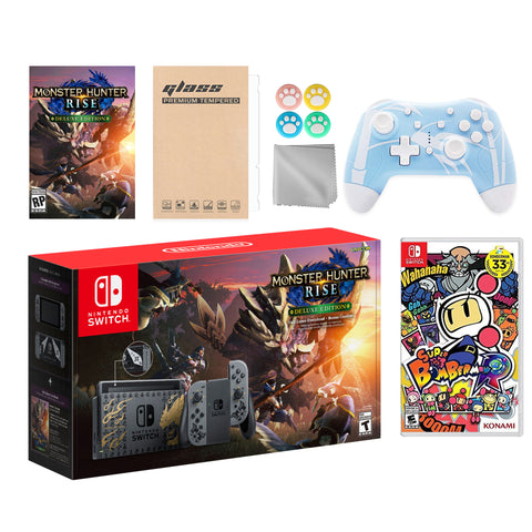 Nintendo Switch Monster Hunter Limited Console Set Plus Monster Hunter Rise Deluxe, Bundle With Super Bomberman R And Mytrix Wireless Switch Pro Controller and Accessories