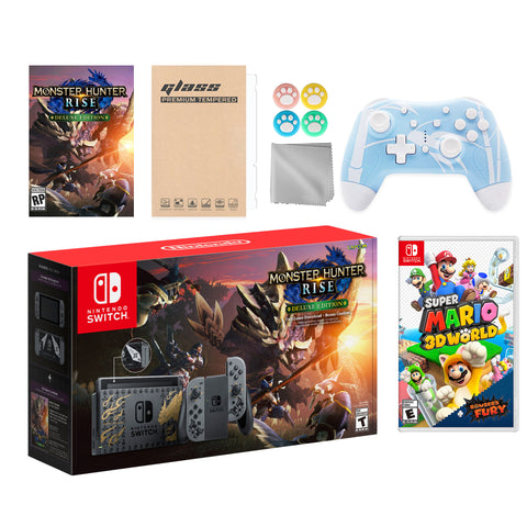 Nintendo Switch Monster Hunter Limited Console Set Plus Monster Hunter Rise Deluxe, Bundle With Super Mario 3D World&Bowser's Fury And Mytrix Wireless Pro Controller and Accessories