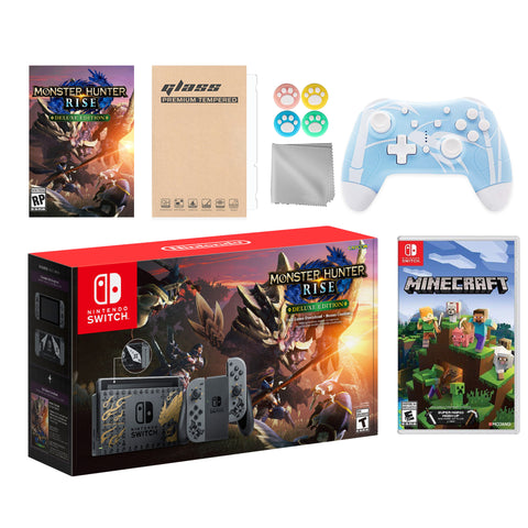 Nintendo Switch Monster Hunter Limited Console Set Plus Monster Hunter Rise Deluxe, Bundle With Minecraft And Mytrix Wireless Switch Pro Controller and Accessories