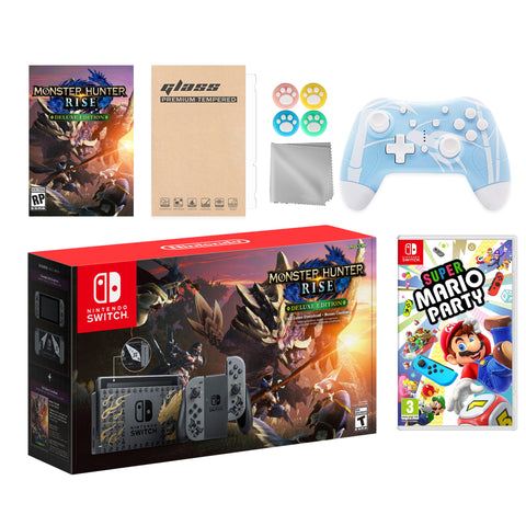 Nintendo Switch Monster Hunter Limited Console Set Plus Monster Hunter Rise Deluxe, Bundle With Super Mario Party And Mytrix Wireless Pro Controller and Accessories