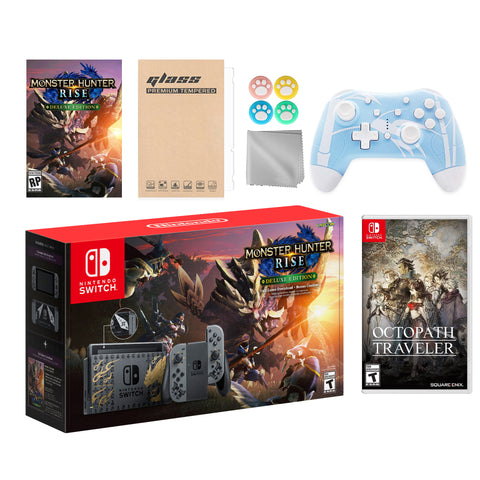 Nintendo Switch Monster Hunter Limited Console Set Plus Monster Hunter Rise Deluxe, Bundle With Octopath Traveler And Mytrix Wireless Switch Pro Controller and Accessories