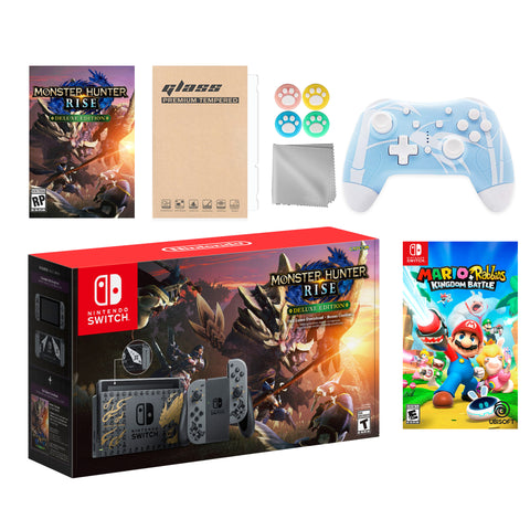 Nintendo Switch Monster Hunter Limited Console Set Plus Monster Hunter Rise Deluxe, Bundle With Mario Rabbids Kingdom Battle And Mytrix Wireless Controller and Accessories