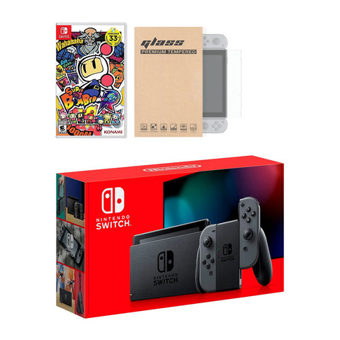 Nintendo Switch Grey Joy-Con Console Super Bomberman R Bundle, with Mytrix Tempered Glass Screen Protector - Improved Battery Life Console with the Best Bomberman Game