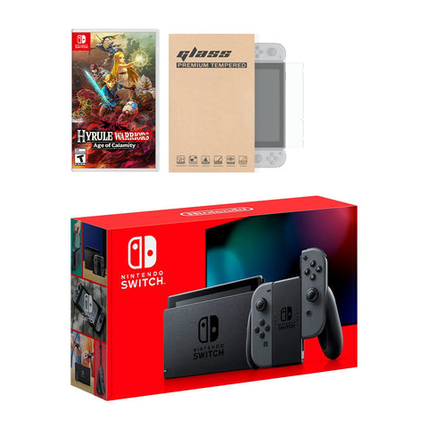 Nintendo Switch Grey Joy-Con Console Hyrule Warriors: Age of Calamity Bundle, with Mytrix Tempered Glass Screen Protector - Improved Battery Life Console with 2020 New Game