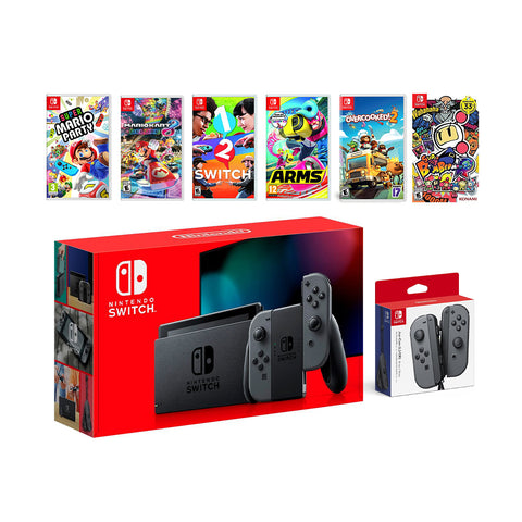 2022 New Nintendo Switch Gray Joy-Con Console Multiplayer Party Game Bundle + Extra Pair of Gray Joy-Con, Super Mario Party, Mario Kart 8 Deluxe, 1-2 Switch, Arms, Overcooked 2, Super Bomberman R