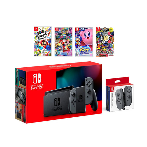 2022 New Nintendo Switch Gray Joy-Con Console Multiplayer Party Game Bundle + Extra Pair of Gray Joy-Con, Super Mario Party, Mario Kart 8 Deluxe, Kirby Star Allies, Super Bomberman R