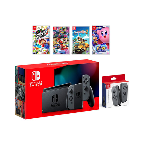 2022 New Nintendo Switch Gray Joy-Con Console Multiplayer Party Game Bundle + Extra Pair of Gray Joy-Con, Super Mario Party, Mario Kart 8 Deluxe, Overcooked 2, Kirby Star Allies