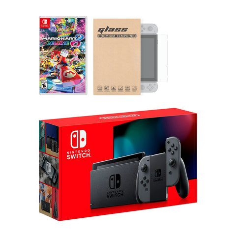 Nintendo Switch Grey Joy-Con Console Mario Kart 8 Deluxe Bundle, with Mytrix Tempered Glass Screen Protector - Improved Battery Life Console with the Best Mario Kart Game