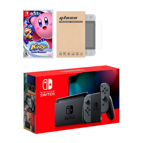 Nintendo Switch Grey Joy-Con Console Kirby Star Allies Bundle, with Mytrix Tempered Glass Screen Protector - Improved Battery Life Console with the Great Kirby Game