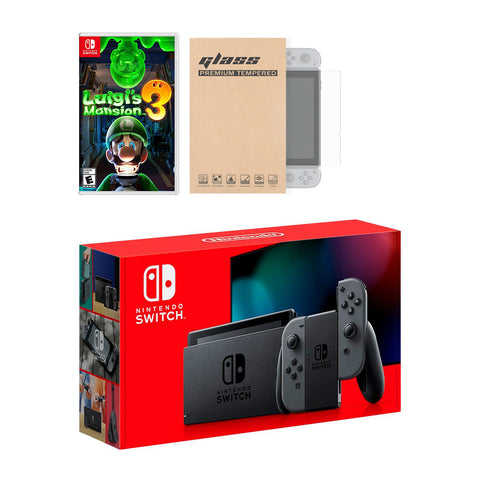 Nintendo Switch Grey Joy-Con Console Luigi's Mansion 3 Bundle, with Mytrix Tempered Glass Screen Protector - Improved Battery Life Console with the 2022 Best Multiplayer Action-Adventure Game