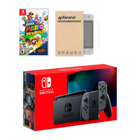 Nintendo Switch Grey Joy-Con Console Super Mario 3D World + Bowser's Fury Bundle, with Mytrix Tempered Glass Screen Protector - Improved Battery Life Console with 2020 New Game