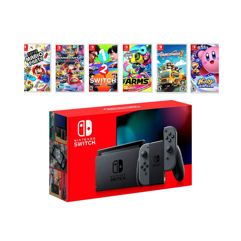 2022 New Nintendo Switch Gray Joy-Con Console Multiplayer Party Game Bundle, Super Mario Party, Mario Kart 8 Deluxe, 1-2 Switch, Arms, Overcooked 2, Kirby Star Allies