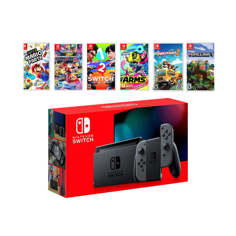 2022 New Nintendo Switch Gray Joy-Con Console Multiplayer Party Game Bundle, Super Mario Party, Mario Kart 8 Deluxe, 1-2 Switch, Arms, Overcooked 2, Minecraft