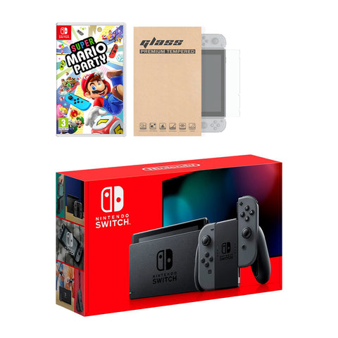 Nintendo Switch Grey Joy-Con Console Super Mario Party Bundle, with Mytrix Tempered Glass Screen Protector - Improved Battery Life Console with the Best Party Game