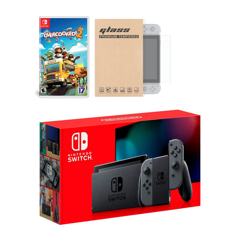 Nintendo Switch Grey Joy-Con Console Overcooked! 2 Bundle, with Mytrix Tempered Glass Screen Protector - Improved Battery Life Console with the Best Party Game