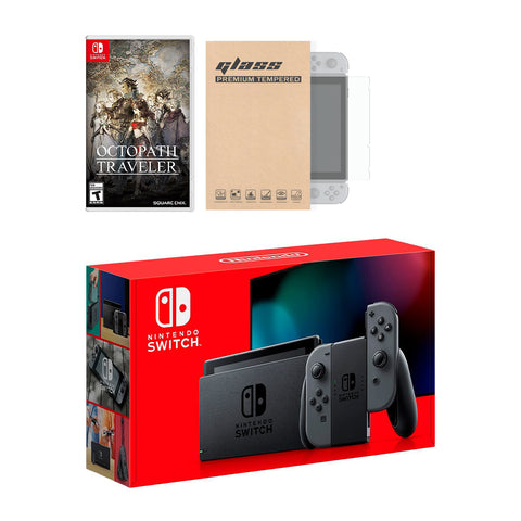 Nintendo Switch Grey Joy-Con Console Octopath Traveler Bundle, with Mytrix Tempered Glass Screen Protector - Improved Battery Life Console with the Best Turn-Based Role-Playing Game