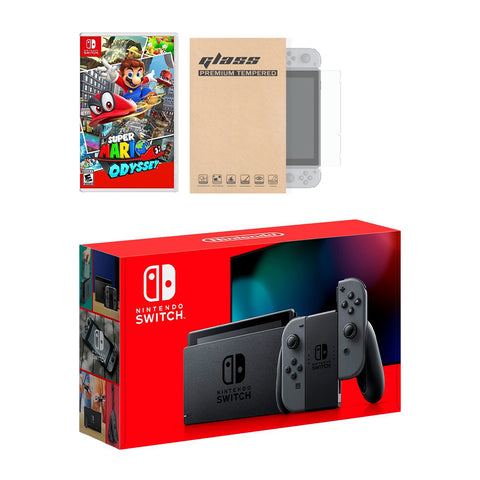 Nintendo Switch Grey Joy-Con Console Super Mario Odyssey Bundle, with Mytrix Tempered Glass Screen Protector - Improved Battery Life Console with the Best Super Mario Game