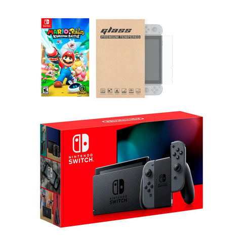 Nintendo Switch Grey Joy-Con Console Mario Rabbids Kingdom Battle Bundle, with Mytrix Tempered Glass Screen Protector - Improved Battery Life Console with NS Game Disc