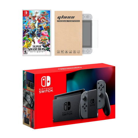 Nintendo Switch Grey Joy-Con Console Super Smash Bros. Ultimate Bundle, with Mytrix Tempered Glass Screen Protector - Improved Battery Life Console with the Best Crossover Fighting Game
