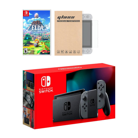 Nintendo Switch Grey Joy-Con Console Legend of Zelda Link's Awakening Bundle, with Mytrix Tempered Glass Screen Protector - Improved Battery Life Console with the New Zelda Game