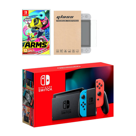 Nintendo Switch Neon Red Blue Joy-Con Console Arms Bundle, with Mytrix Tempered Glass Screen Protector - Improved Battery Life Console with the Best Party Game