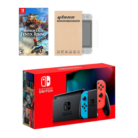 Nintendo Switch Neon Red Blue Joy-Con Console Immortals Fenyx Rising, with Mytrix Tempered Glass Screen Protector - Improved Battery Life Console with 2020 New Game
