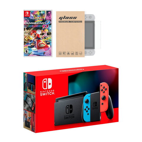 Nintendo Switch Neon Red Blue Joy-Con Console Mario Kart 8 Deluxe Bundle, with Mytrix Tempered Glass Screen Protector - Improved Battery Life Console with the Best Mario Kart Game