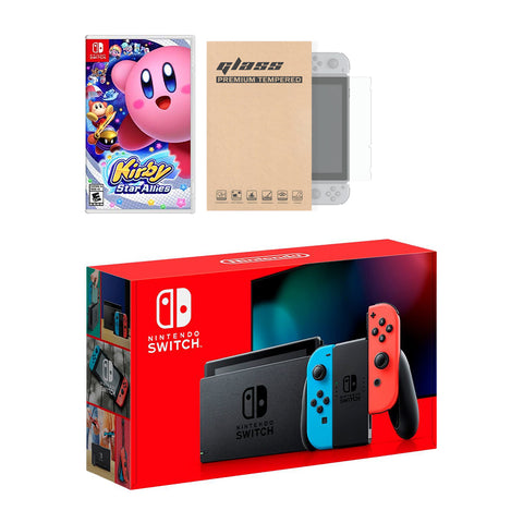 Nintendo Switch Neon Red Blue Joy-Con Console Kirby Star Allies Bundle, with Mytrix Tempered Glass Screen Protector - Improved Battery Life Console with the Great Kirby Game