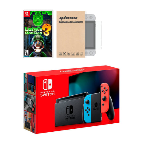 Nintendo Switch Neon Red Blue Joy-Con Console Luigi's Mansion 3 Bundle, with Mytrix Tempered Glass Screen Protector - Improved Battery Life Console with the 2019 Best Multiplayer Action-Adventure Game