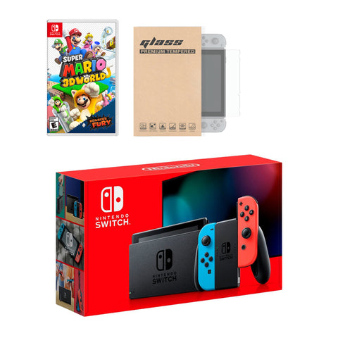 Nintendo Switch Neon Red Blue Joy-Con Console Super Mario 3D World + Bowser's Fury, with Mytrix Tempered Glass Screen Protector - Improved Battery Life Console with 2020 New Game