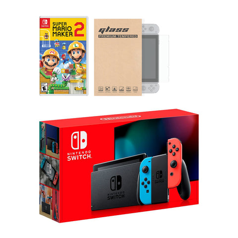Nintendo Switch Neon Red Blue Joy-Con Console Super Mario Maker 2 Bundle, with Mytrix Tempered Glass Screen Protector - Improved Battery Life Console with the Best Mario Maker Game