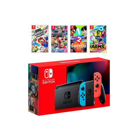 2022 New Nintendo Switch Red/Blue Joy-Con Console Multiplayer Party Game Bundle, Super Mario Party, Mario Kart 8 Deluxe, 1-2 Switch, Arms