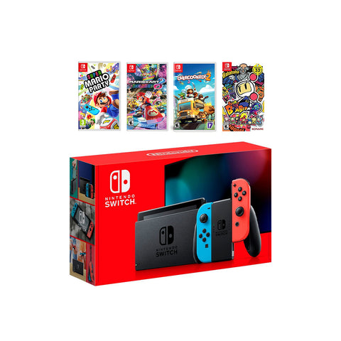 2022 New Nintendo Switch Red/Blue Joy-Con Console Multiplayer Party Game Bundle, Super Mario Party, Mario Kart 8 Deluxe, Overcooked 2, Super Bomberman R