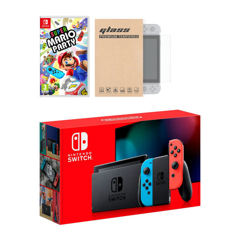 Nintendo Switch Neon Red Blue Joy-Con Console Super Mario Party Bundle, with Mytrix Tempered Glass Screen Protector - Improved Battery Life Console with the Best Party Game