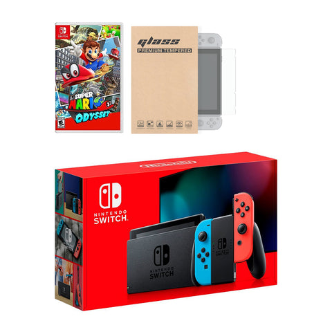 Nintendo Switch Neon Red Blue Joy-Con Console Super Mario Odyssey Bundle, with Mytrix Tempered Glass Screen Protector - Improved Battery Life Console with the Best Super Mario Game