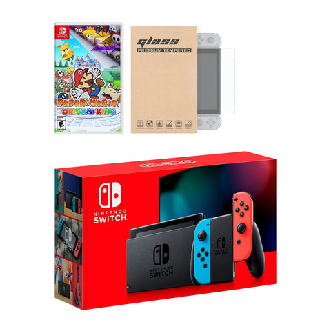 Nintendo Switch Neon Red Blue Joy-Con Console Paper Mario: The Origami King Bundle, with Mytrix Tempered Glass Screen Protector - Improved Battery Life Console with 2020 New Game