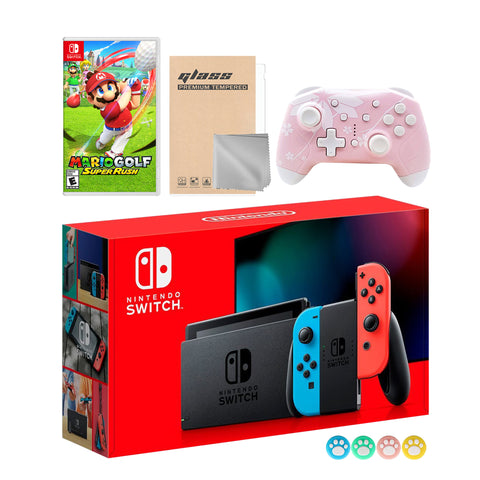 Nintendo Switch Neon Red Blue Joy-Con Console Set, Bundle With Mario Golf: Super Rush And Mytrix Wireless Switch Pro Controller and Accessories