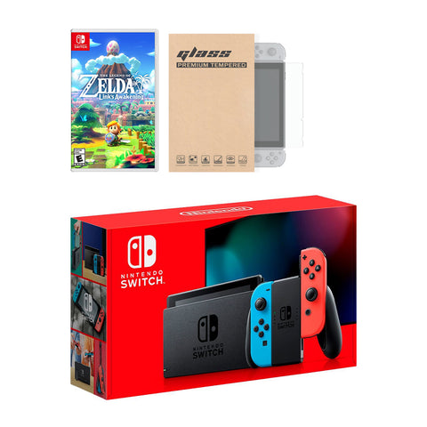 Nintendo Switch Neon Red Blue Joy-Con Console Legend of Zelda Link's Awakening Bundle, with Mytrix Tempered Glass Screen Protector - Improved Battery Life Console with the New Zelda Game