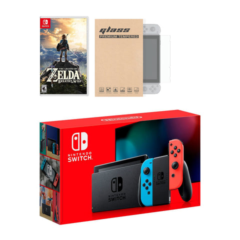 Nintendo Switch Neon Red Blue Joy-Con Console The Legend of Zelda: Breath of the Wild Bundle, with Mytrix Tempered Glass Screen Protector - Improved Battery Life Console with the Best NS Game