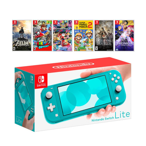 New Nintendo Switch Lite Turquoise Console Bundle with 6 Games: Zelda, Super Mario Odyssey, Mario Kart 8, Super Mario Maker 2, Octopath Traveler, and Fire Emblem: Three Houses!