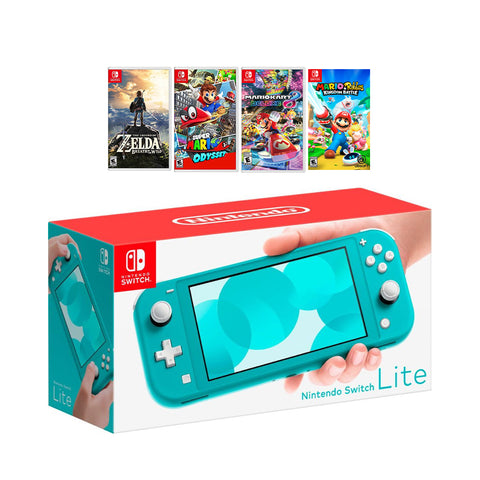 New Nintendo Switch Lite Turquoise Console Bundle with 4 Games: The Legend of Zelda: Breath of the Wild, Super Mario Odyssey, Super Mario Kart 8, and Mario + Rabbids Kingdom Battle!