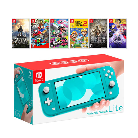 New Nintendo Switch Lite Turquoise Console Bundle with 6 Games: Zelda, Super Mario Odyssey, Splatoon 2, Super Mario Maker 2, Octopath Traveler, and Fire Emblem: Three Houses!